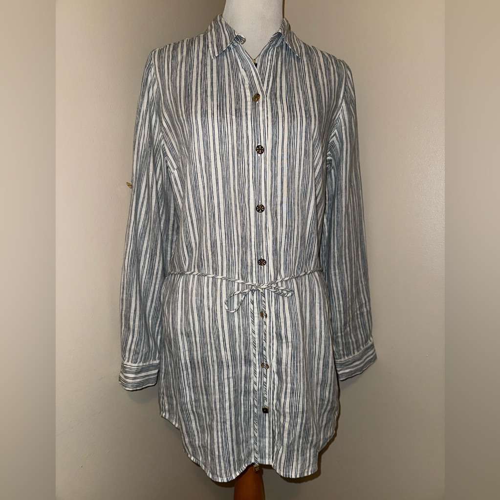 Tory Burch 100% Linen Blue & White Stripped Tunic,Size-Medium W/Removable Tie